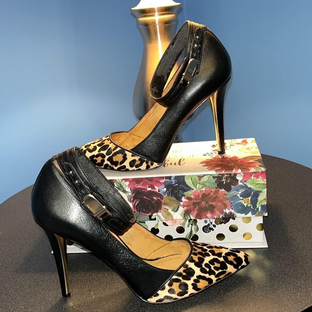 Coach Leopard Print Leather Ankle-strap Pump, Size 9B
